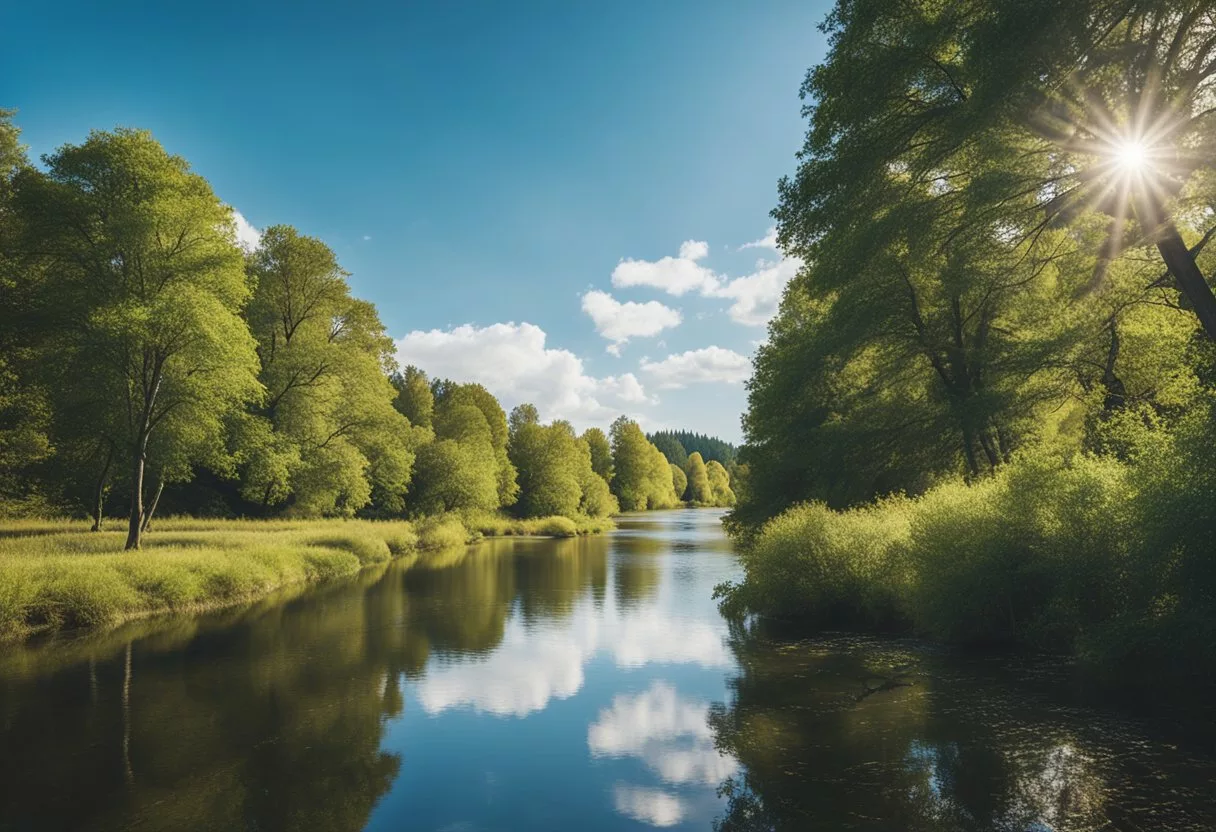 A serene landscape with a calm, flowing river and a peaceful, blue sky overhead