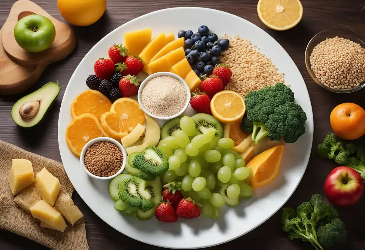 A plate with a variety of foods, including fruits, vegetables, whole grains, and lean proteins. A heart symbol is placed next to low glycemic index items