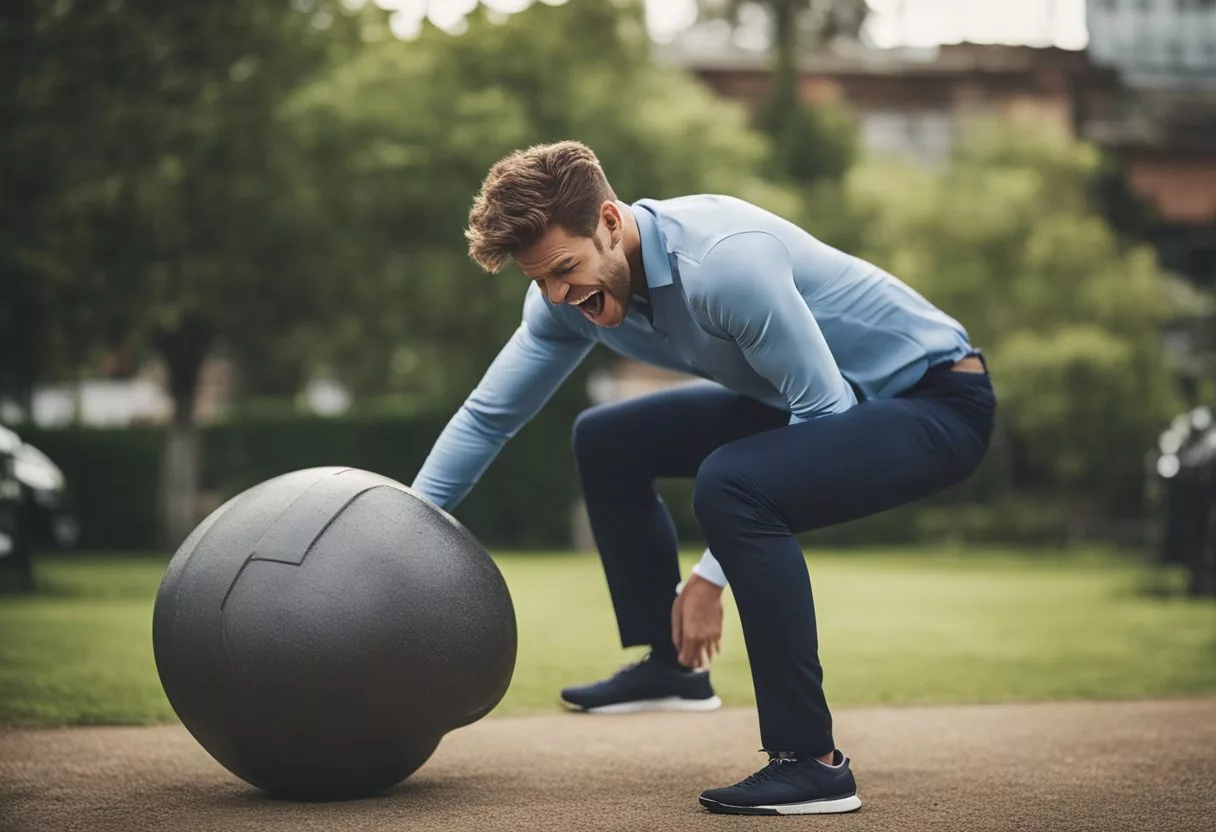 A person grimaces in pain as they attempt to lift a heavy object, their back suddenly arching and causing them to collapse to the ground