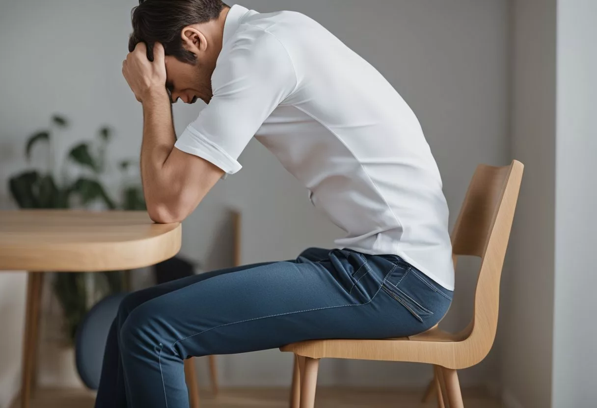 A person grimaces in pain, clutching their lower back while attempting to stand up from a chair. Their face contorts as they struggle to straighten their posture