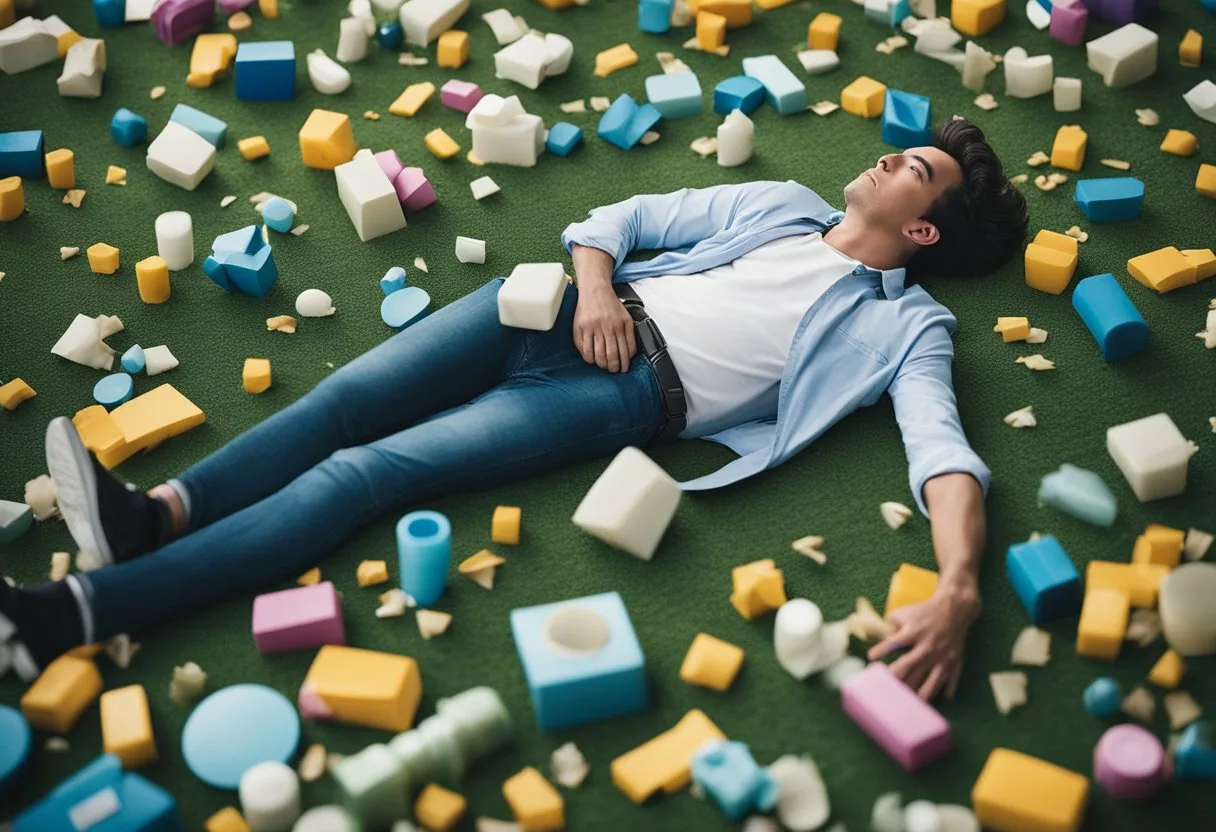 A person lying on the ground, clutching their lower back in pain, surrounded by scattered objects