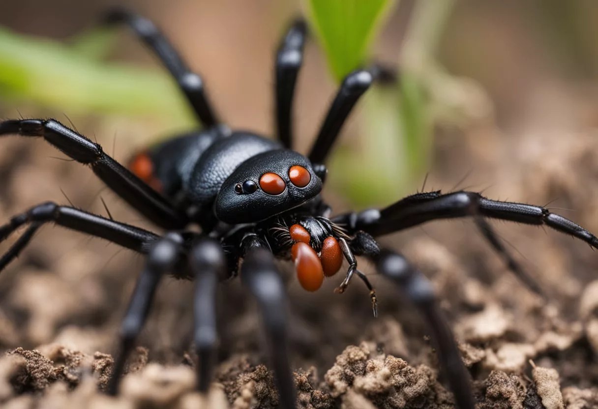 A black widow spider bites a small animal, injecting venom into its prey