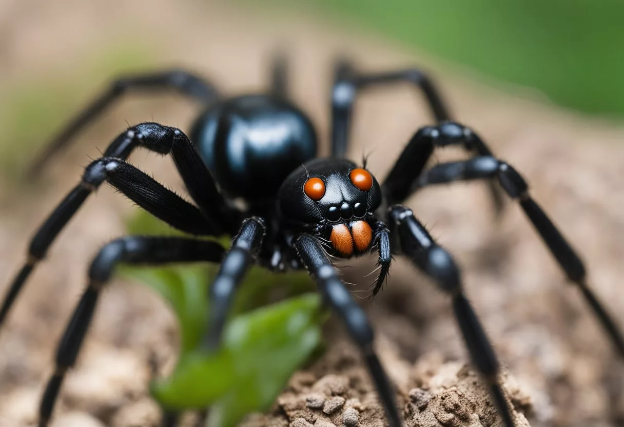 A black widow spider bites a small animal, injecting venom into its prey