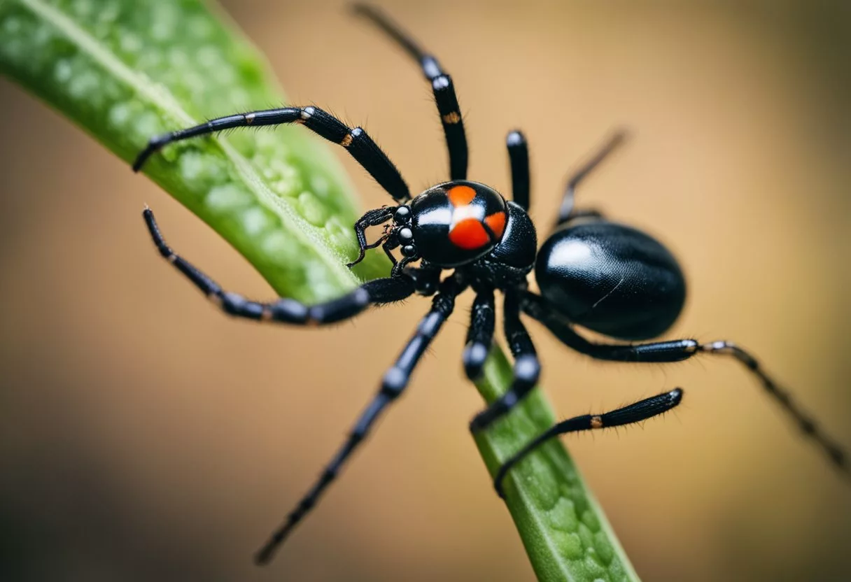 A black widow spider bites its prey, injecting venom to paralyze and liquefy its insides before consuming