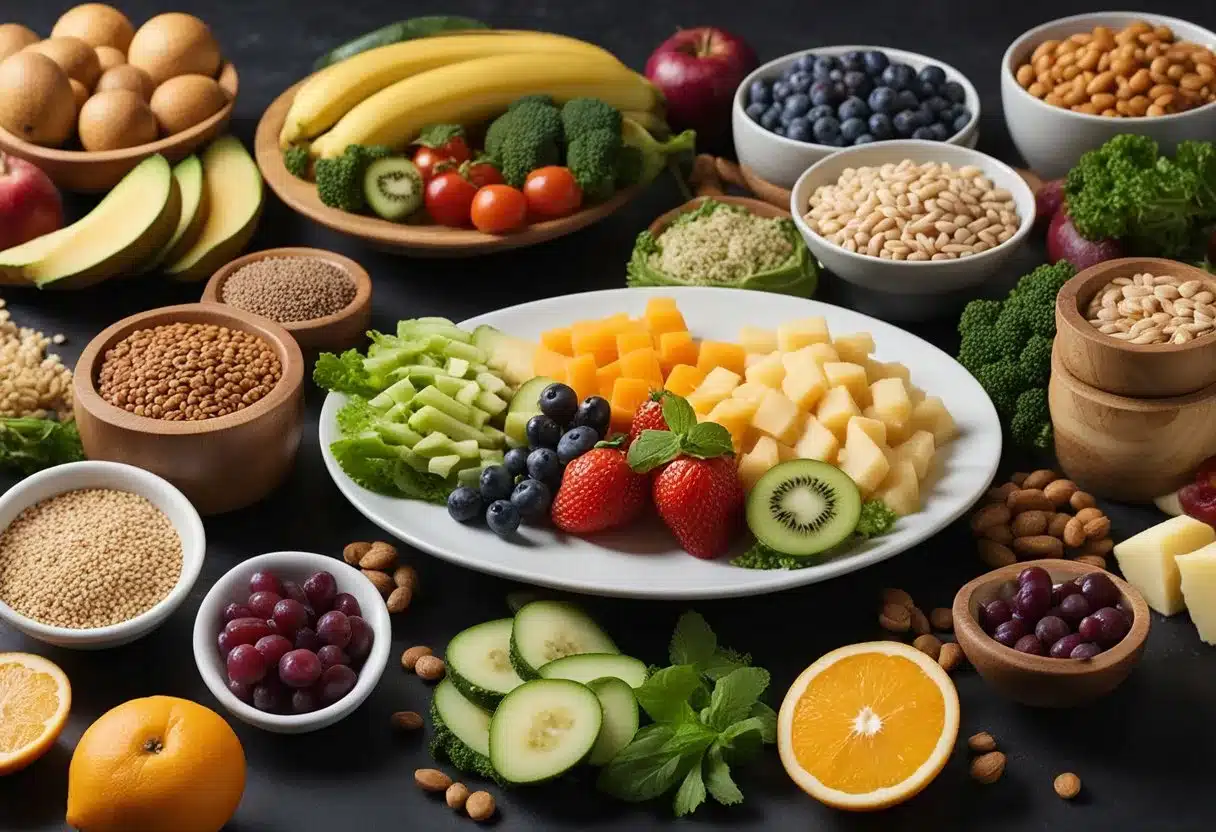 A plate with a variety of foods, including fruits, vegetables, whole grains, and lean proteins, arranged in a balanced and visually appealing manner