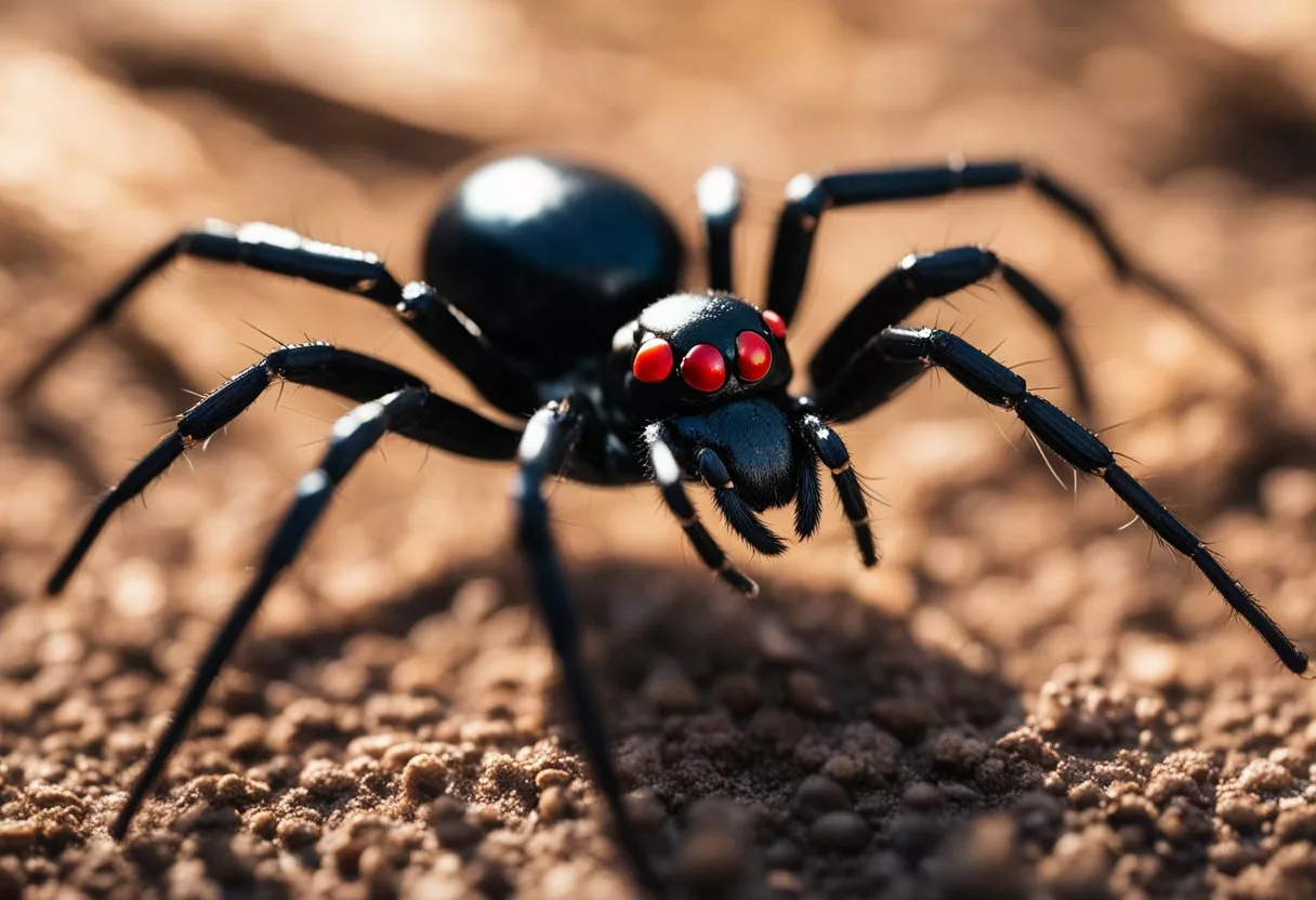 A black widow spider stands menacingly, its glossy black body and distinctive red hourglass marking visible as it prepares to strike