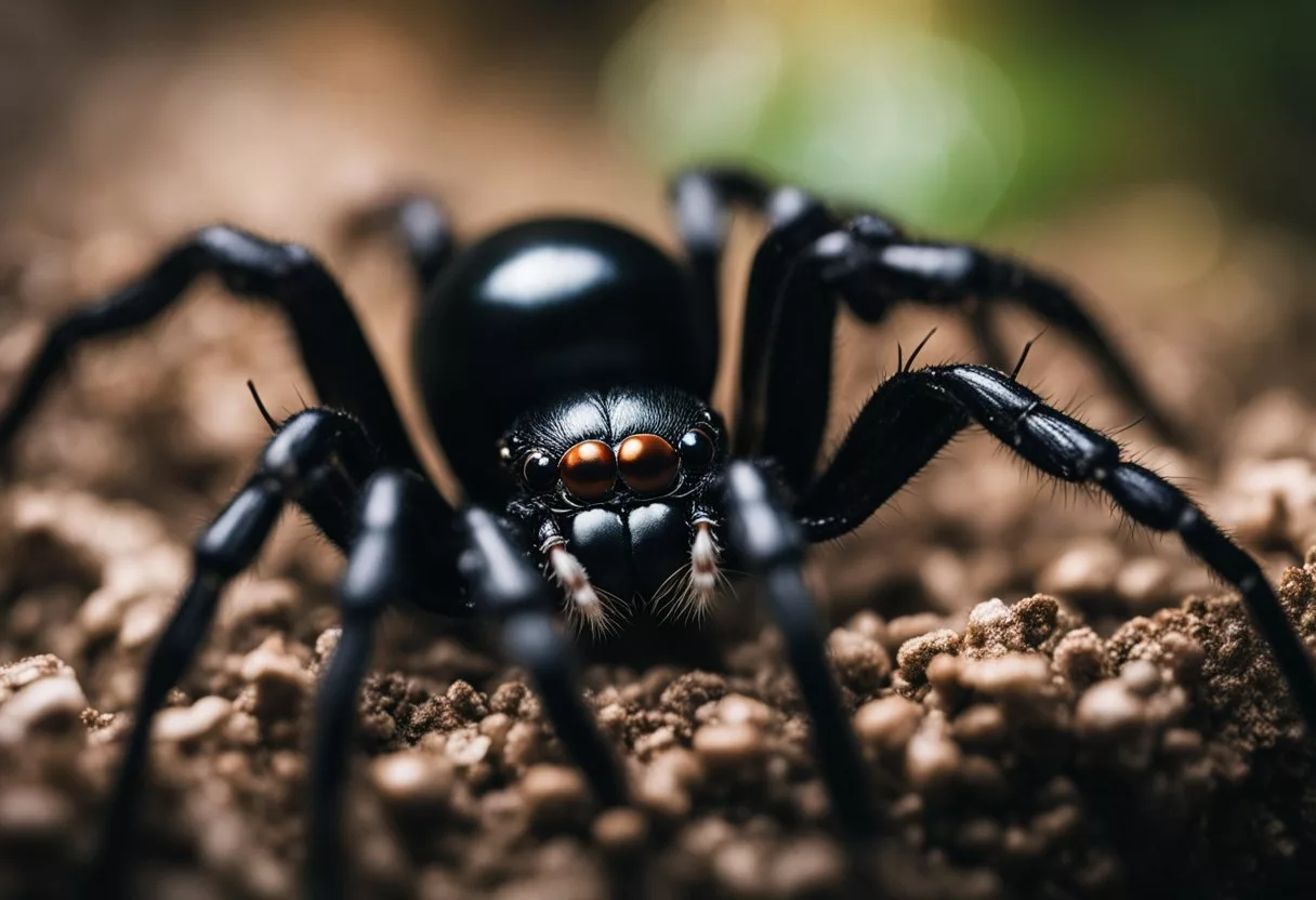 A black widow spider hunched over, fangs sunk into a small creature, venom dripping from its bite