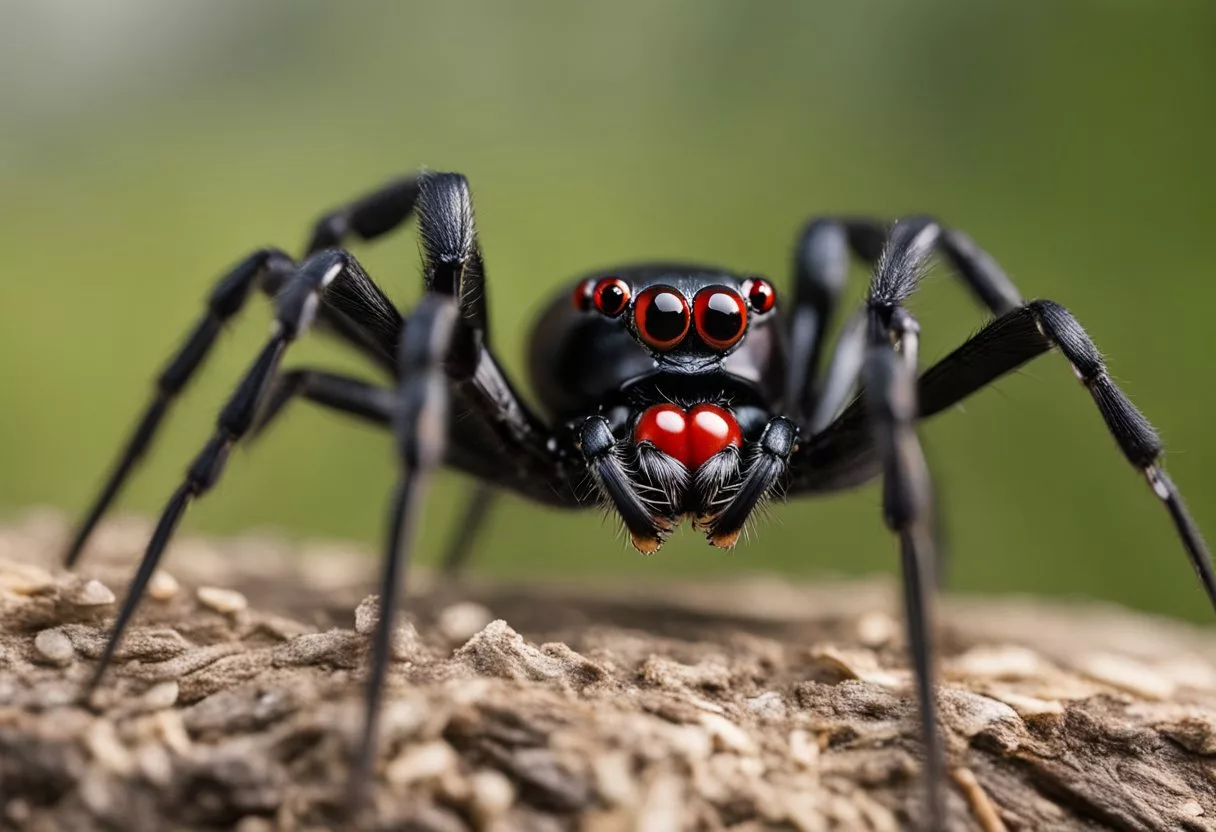 A black widow spider hovers menacingly over its prey, with its shiny black body and distinctive red hourglass marking on its abdomen