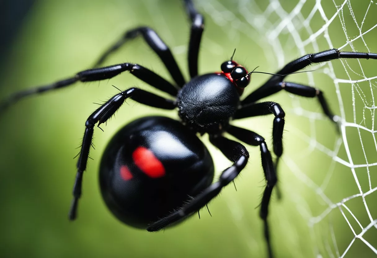 A black widow spider poised to strike with its distinctive red hourglass marking visible on its abdomen, surrounded by a web in a dark, shadowy corner