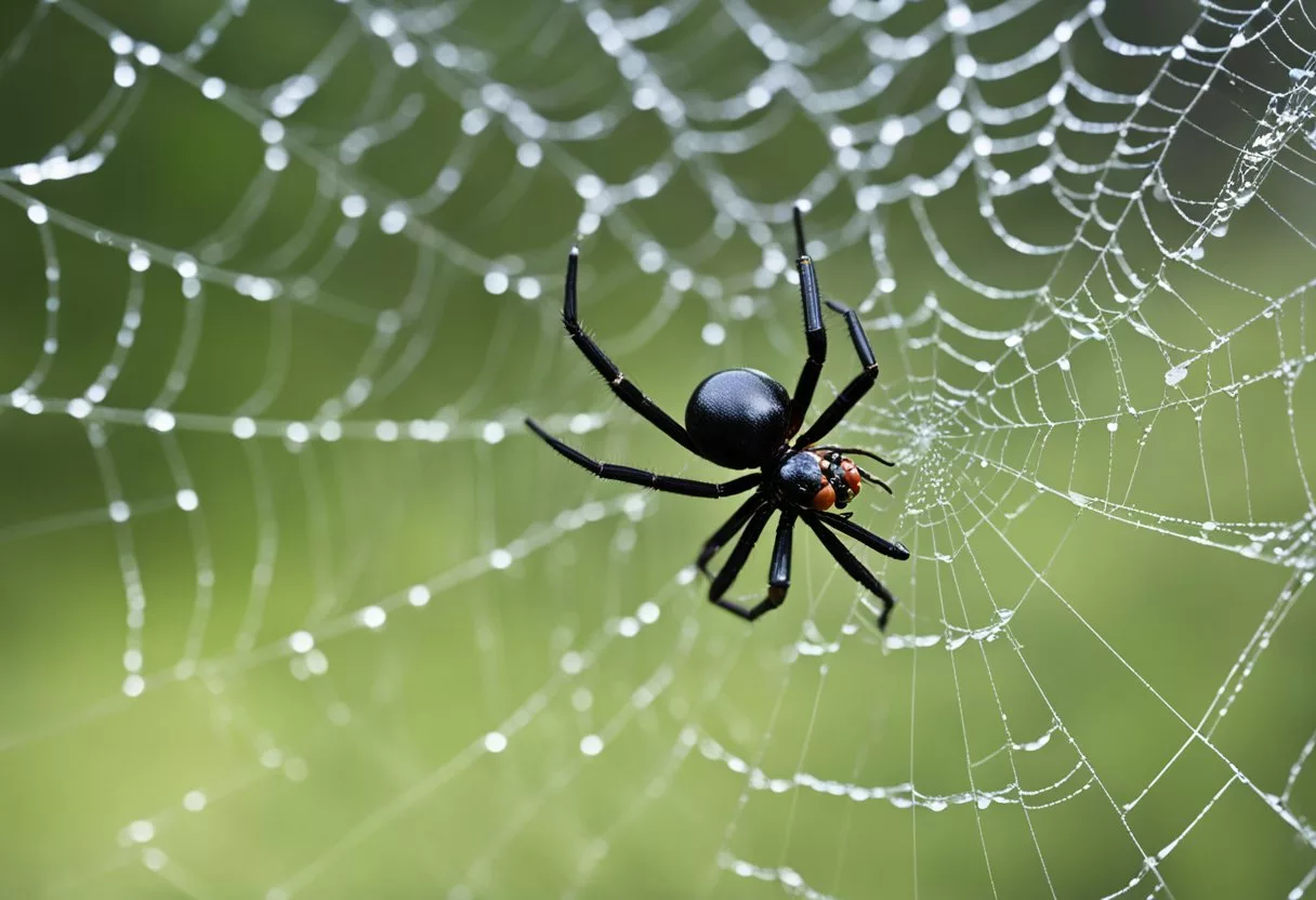 A black widow spider looms over a small, struggling creature caught in its web, with venom dripping from its fangs