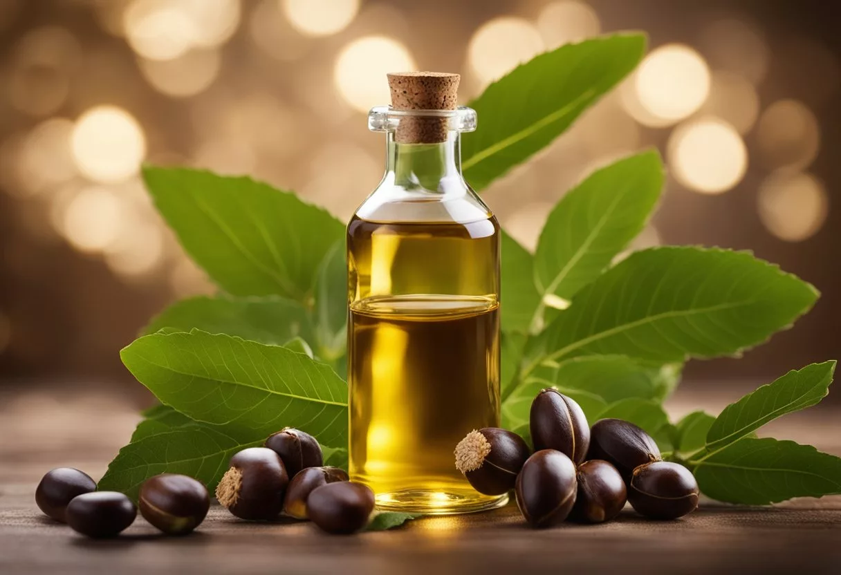 A bottle of castor oil surrounded by various natural elements like castor beans, leaves, and flowers, with a soft, warm glow emanating from the bottle