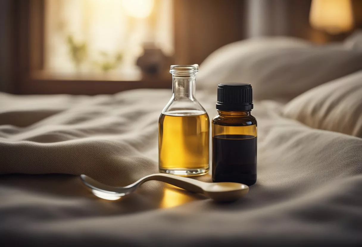 A bottle of castor oil sits on a bedside table, surrounded by a warm, cozy bedroom setting. A glass of water and a spoon are nearby, ready for a bedtime dose