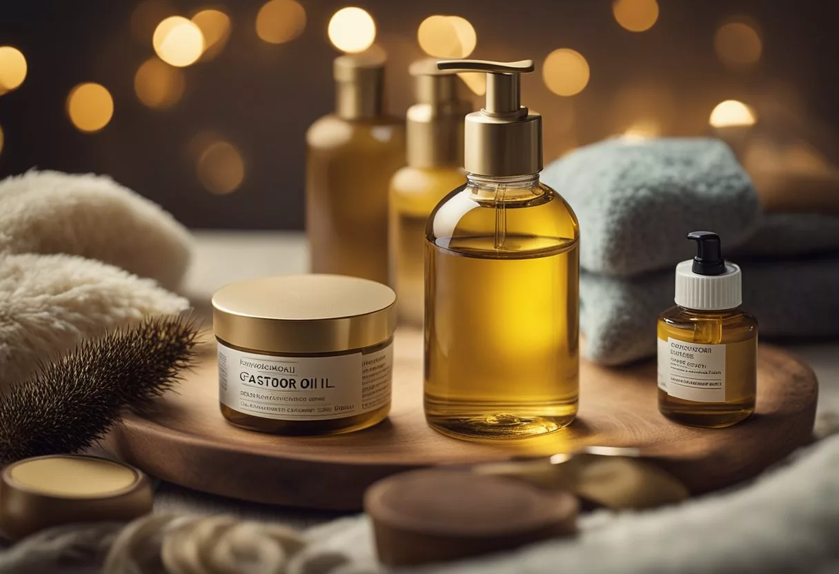 A bottle of castor oil surrounded by various types of hair care products, with a peaceful bedtime setting in the background