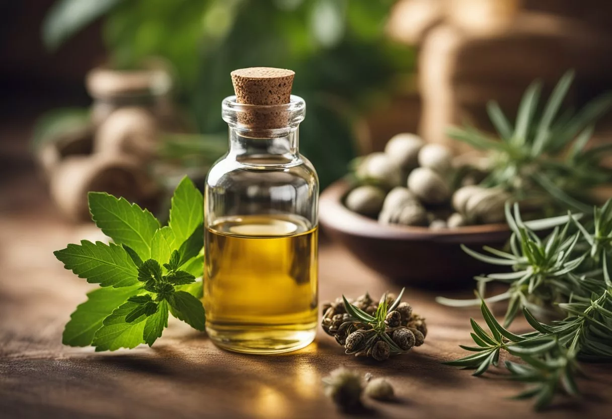 A bottle of castor oil surrounded by various herbs and essential oils, with a cozy bed in the background