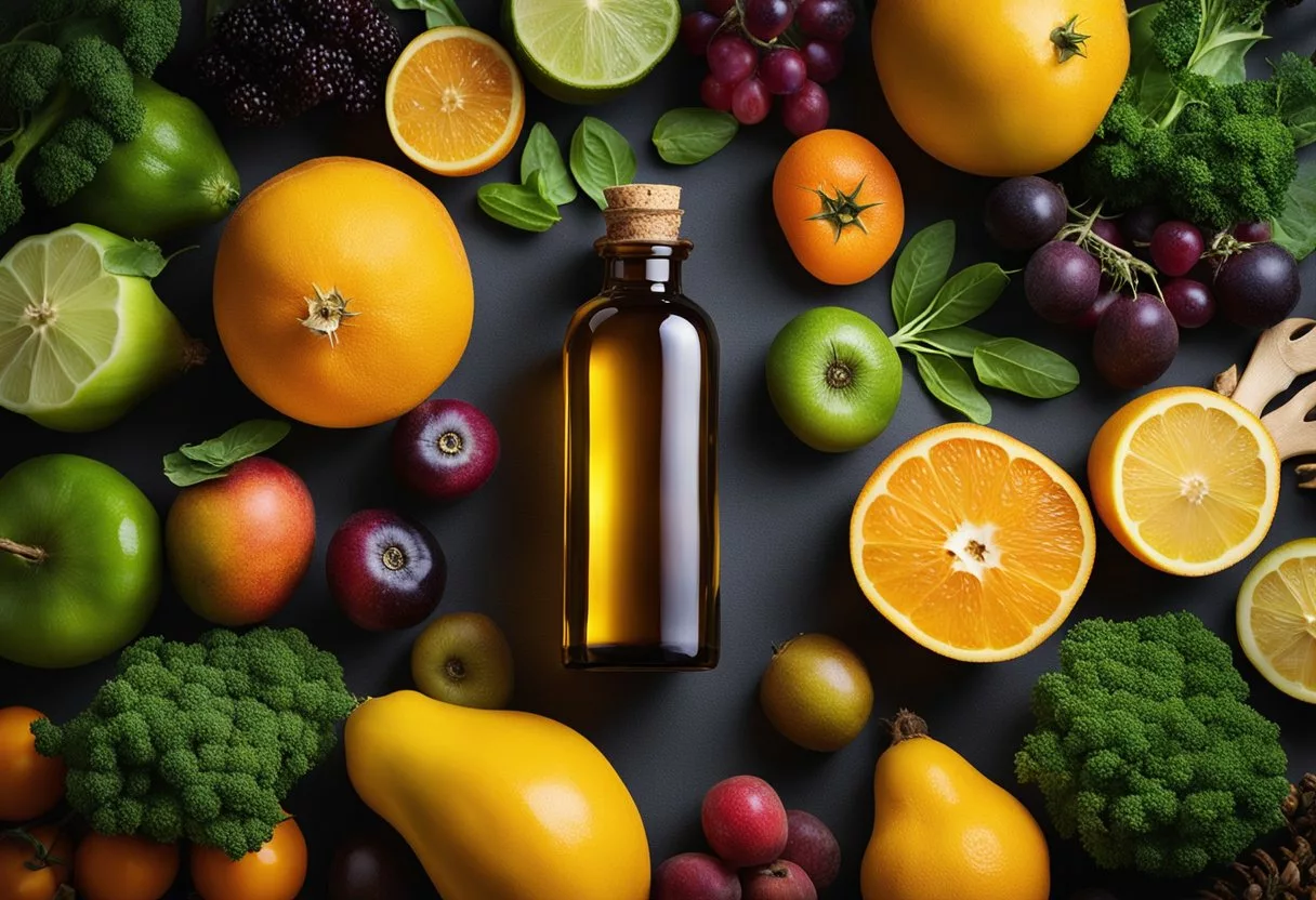 A bottle of castor oil surrounded by various fruits and vegetables, with a glowing aura emanating from it, symbolizing the immune-boosting benefits