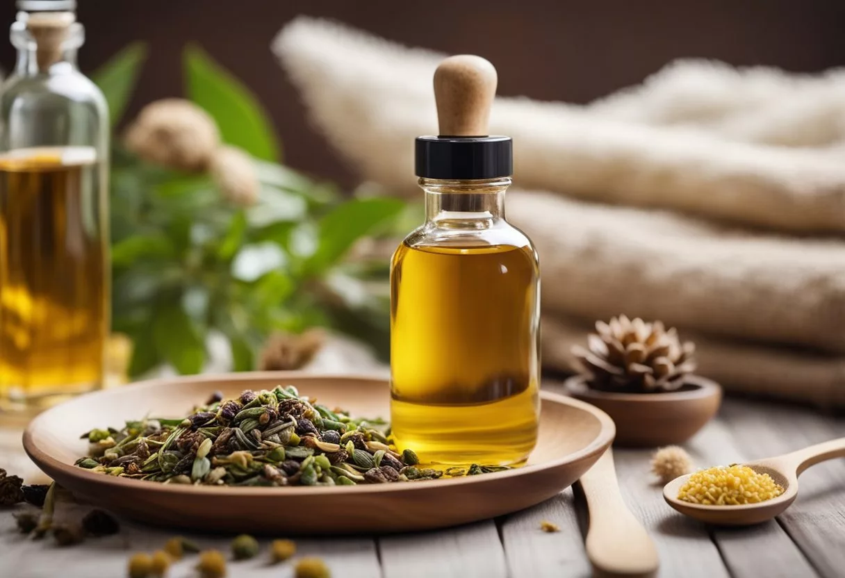 A bottle of castor oil surrounded by various natural remedies and a cozy bedtime setting, with a warm cup of tea and a comfortable bed