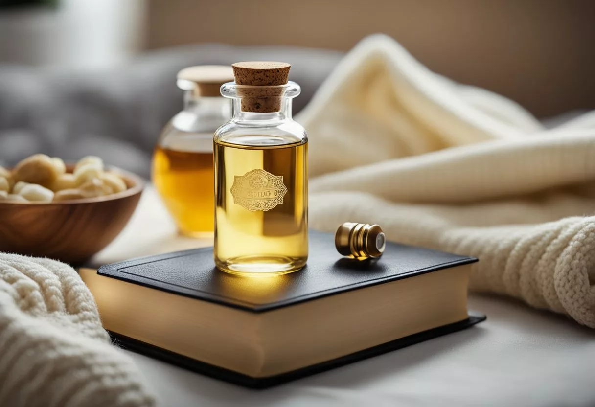 A bottle of castor oil surrounded by soothing bedtime items like a cozy blanket, a warm cup of tea, and a relaxing book