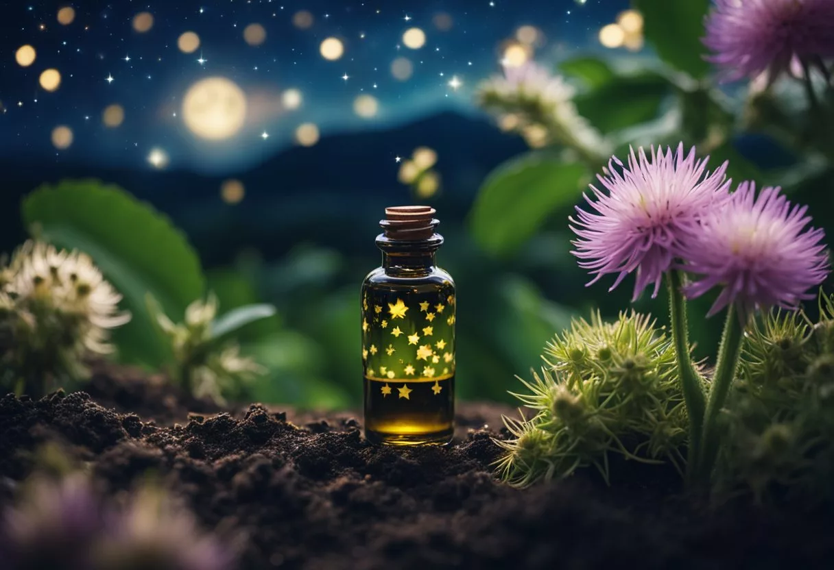 A small bottle of castor oil surrounded by blooming eyelash plants under a starry night sky