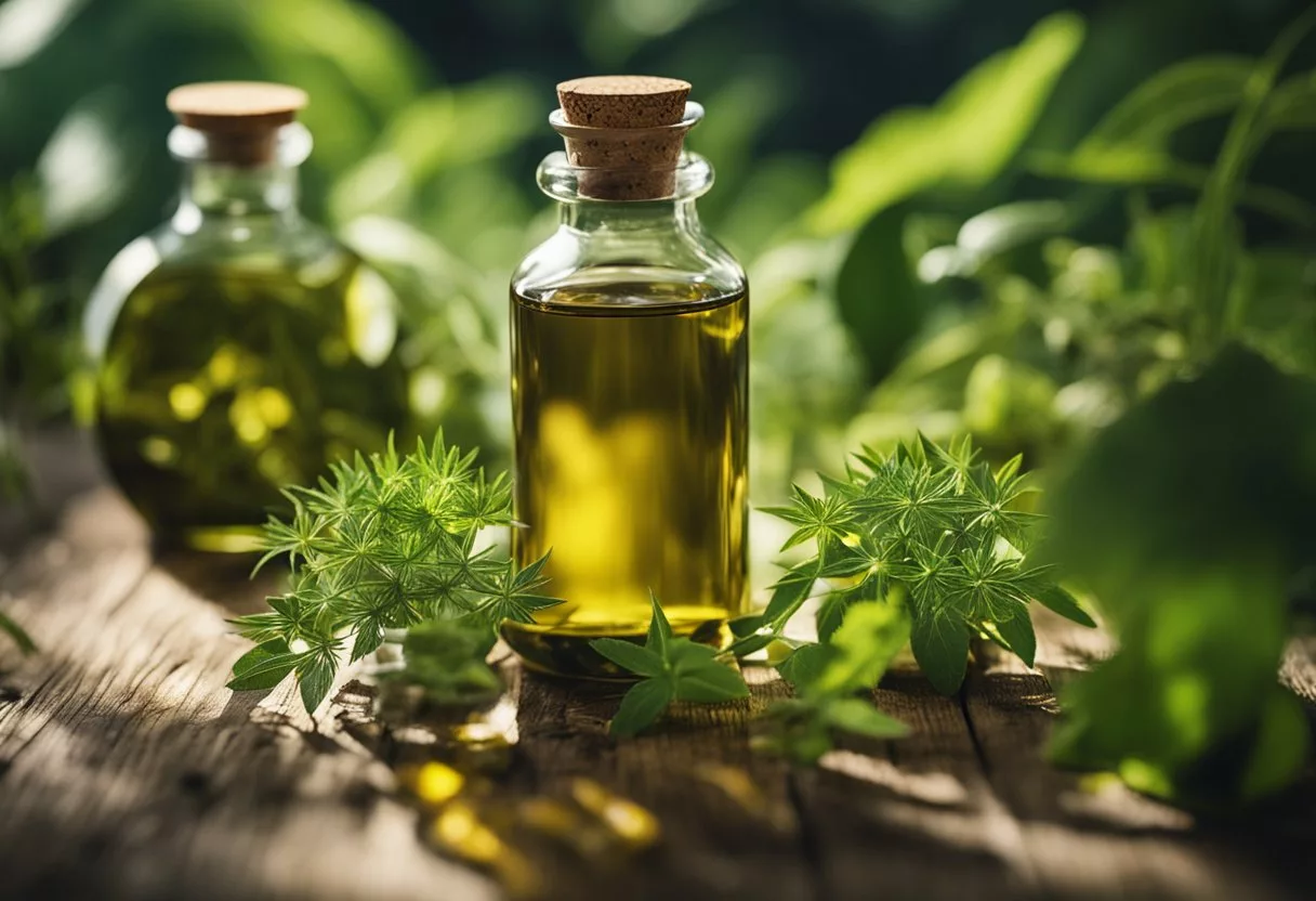 A bottle of castor oil surrounded by various plants and herbs, with a soft glow emanating from the oil