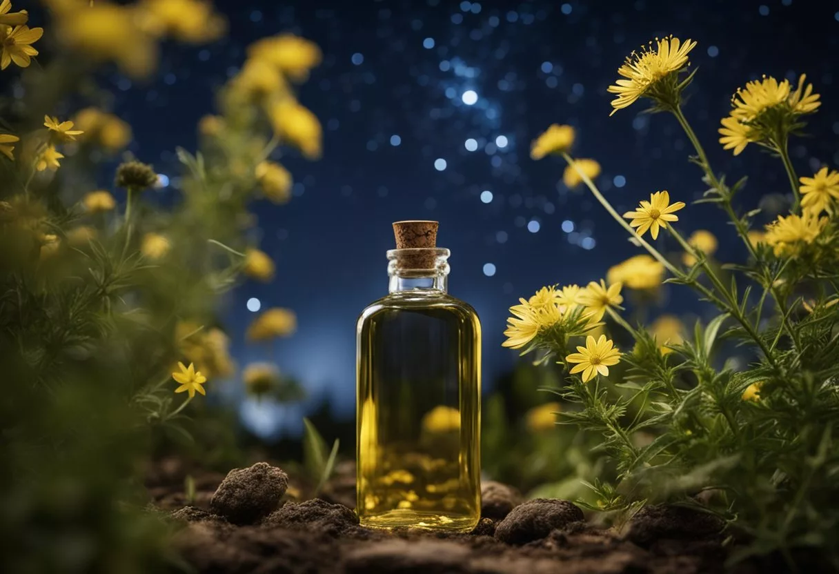 A bottle of castor oil surrounded by healing herbs and flowers under a starry night sky