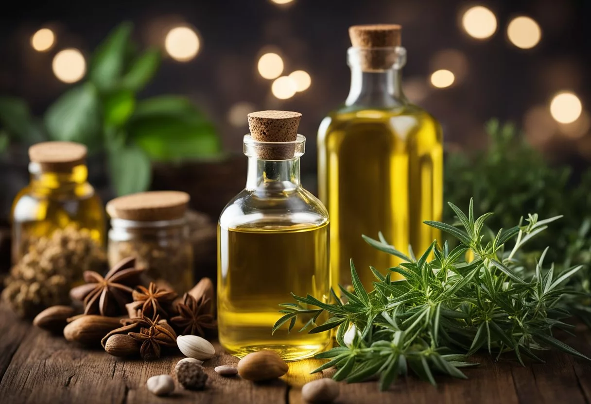 A bottle of castor oil surrounded by various herbs and spices, with a peaceful nighttime setting in the background