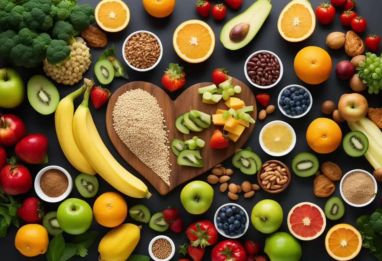 A heart-shaped graph with a line representing the glycemic index trend, surrounded by healthy food items like fruits, vegetables, and whole grains