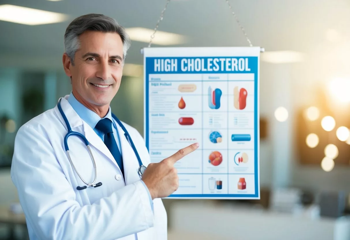 A doctor pointing to a chart showing the effects of high cholesterol on the body