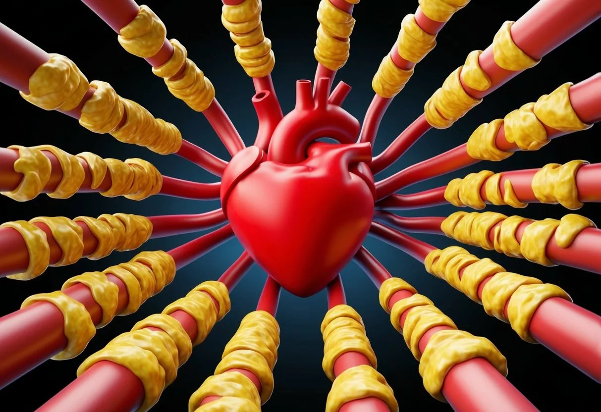 A heart surrounded by arteries clogged with yellow plaque, representing the effects of high cholesterol