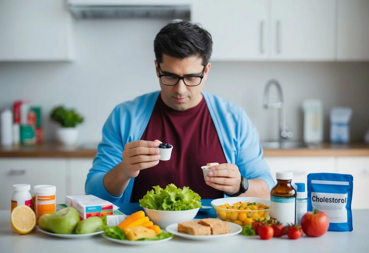 A person with high cholesterol surrounded by unhealthy food and medical supplies