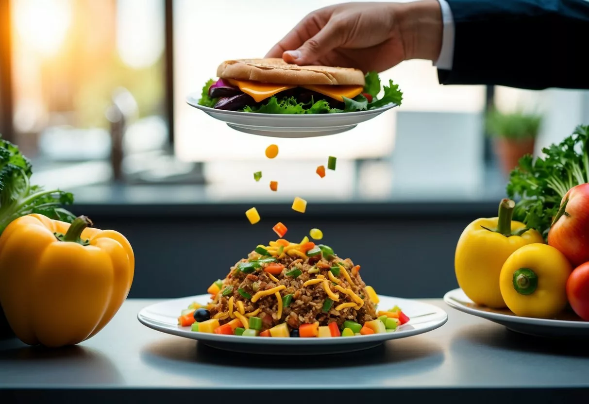 A plate of greasy, unhealthy food being rejected and replaced with a plate of colorful fruits and vegetables