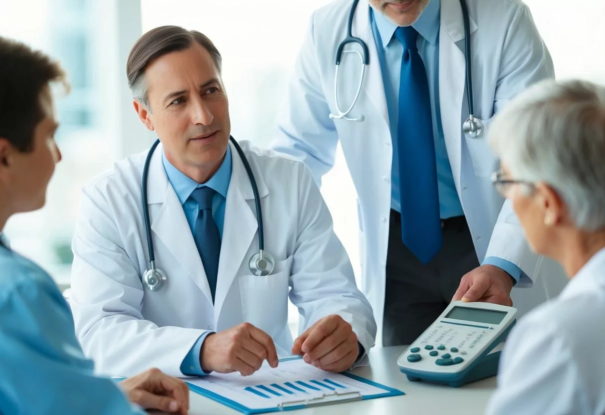 A doctor explaining treatment options to a patient with high cholesterol, using a chart and medical equipment