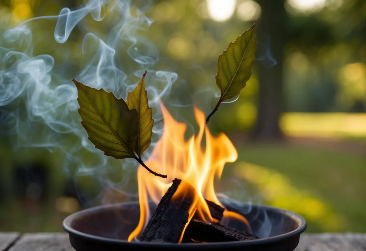 Bay leaves smolder and release fragrant smoke, curling and dancing in the air as they slowly burn to a crisp