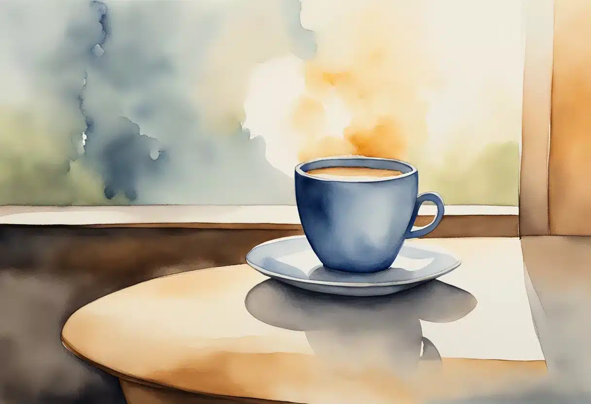 A coffee cup with Javaburn added sits on a table. The steam rises from the cup, suggesting a hot beverage. The background is simple, with no other objects to distract from the main focus