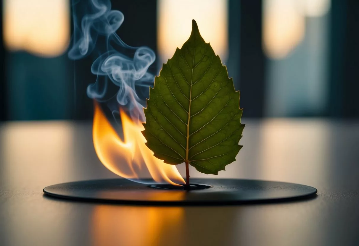 A bay leaf burns on a non-flammable surface, emitting a fragrant smoke with no visible flame