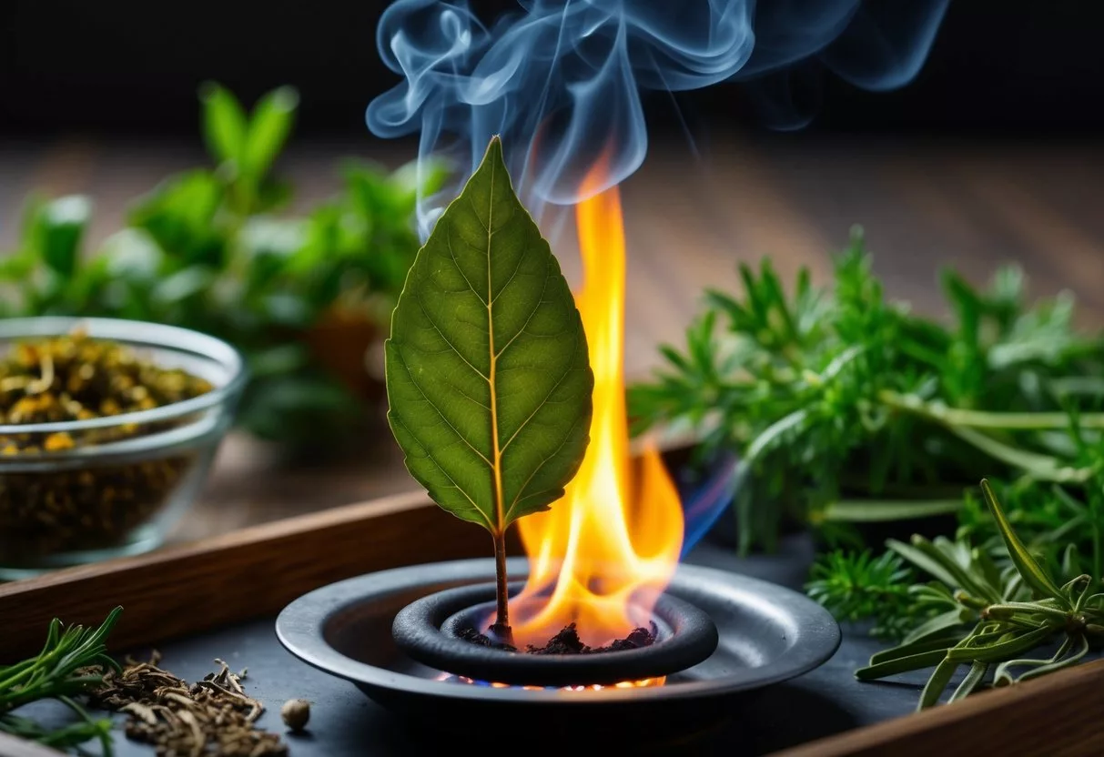 A bay leaf burning over a flame, emitting aromatic smoke. Surrounding herbs and plants with medicinal properties