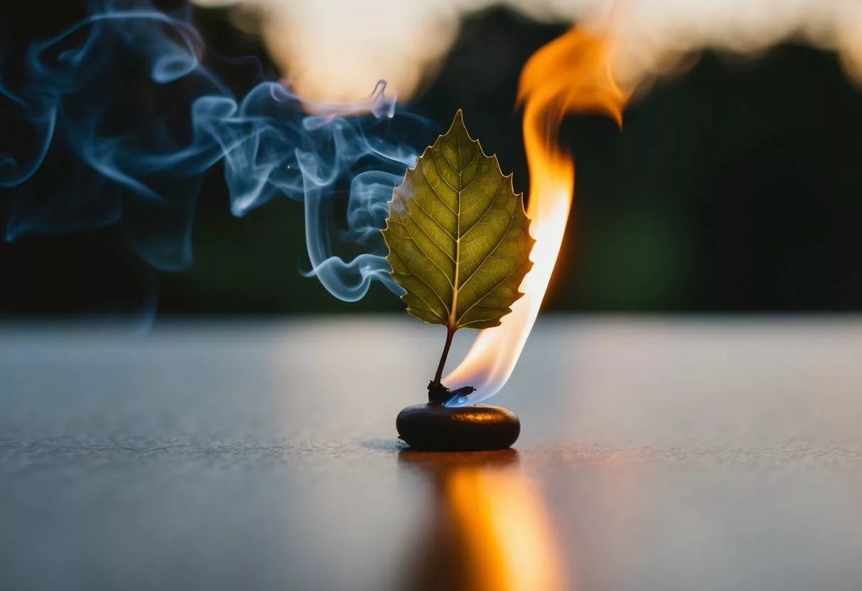 A bay leaf burns on a small flame, releasing fragrant smoke