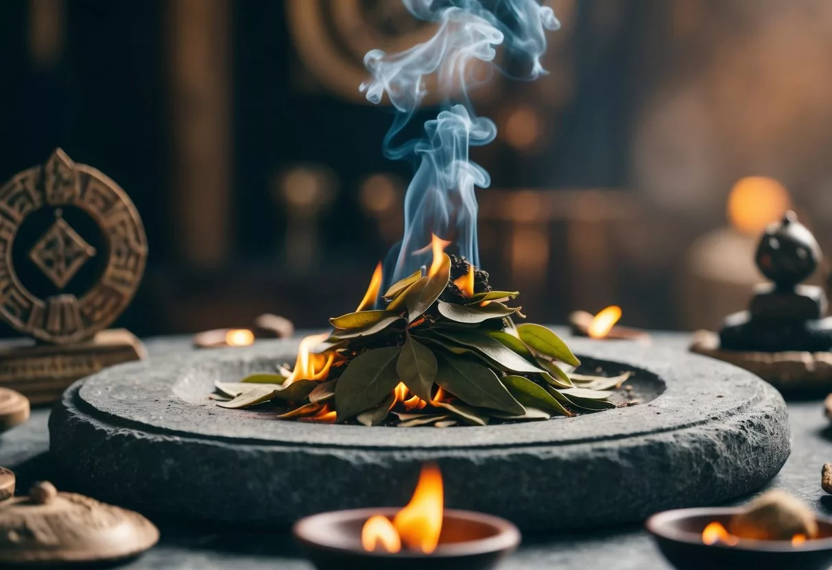 A small pile of bay leaves burns on a stone altar, releasing fragrant smoke into the air. Surrounding the altar are symbols of ancient cultures and historical artifacts