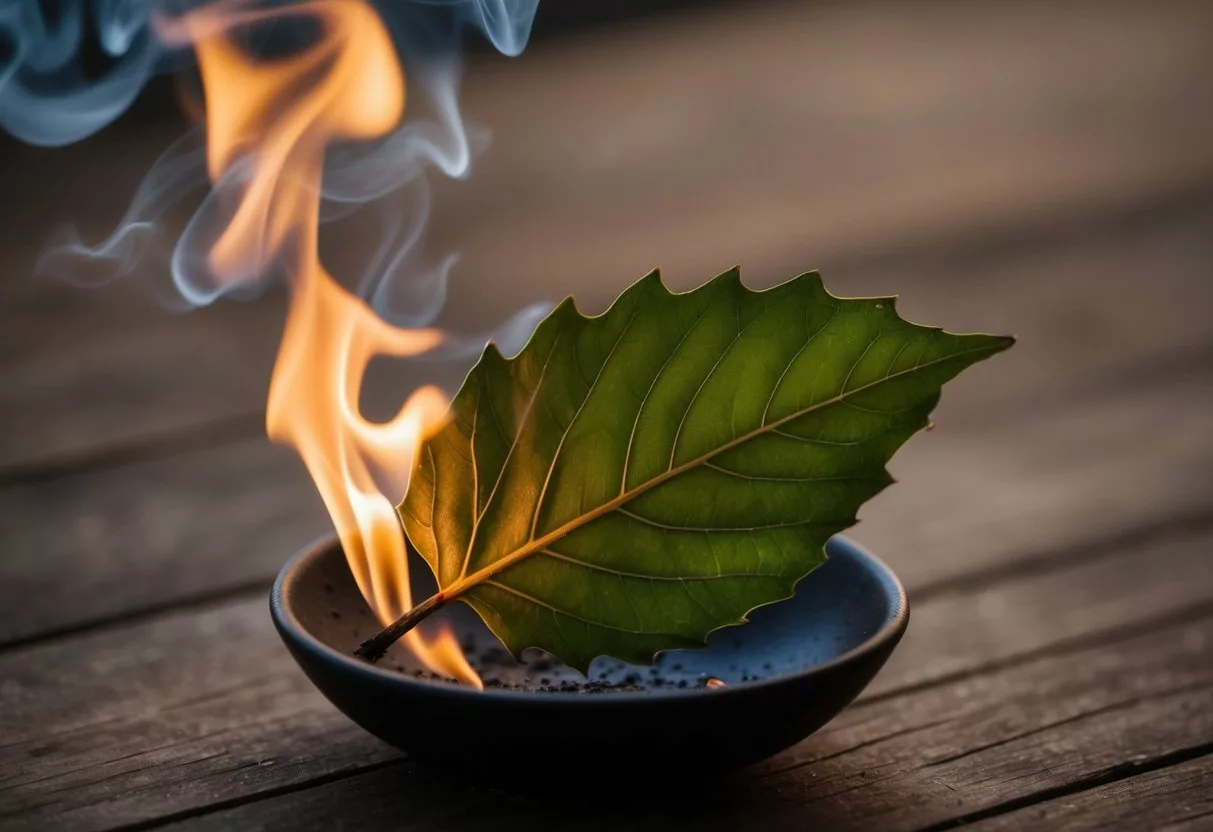 A bay leaf burns, emitting fragrant smoke that swirls and dances in the air, creating a sense of calm and relaxation