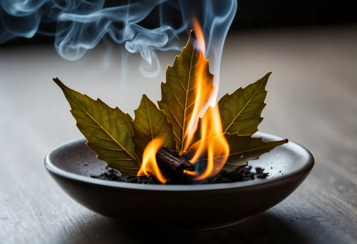 Bay leaves burning in a small dish, releasing fragrant smoke. A sense of calm and relaxation fills the air as the leaves transform into ash