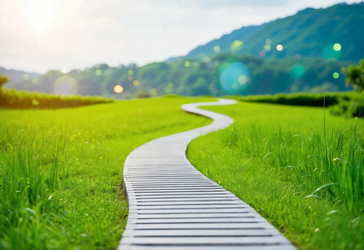 A serene, peaceful setting with a man-made path winding through a lush, green landscape, symbolizing a journey towards long-term wellness and lifestyle changes post-prostate removal