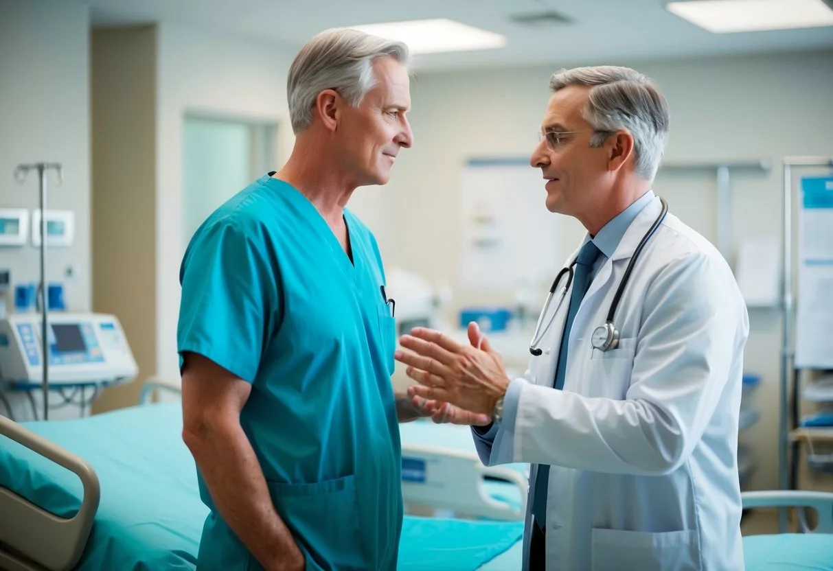 A doctor and patient discussing post-prostate removal care in a hospital room, with medical equipment and charts visible