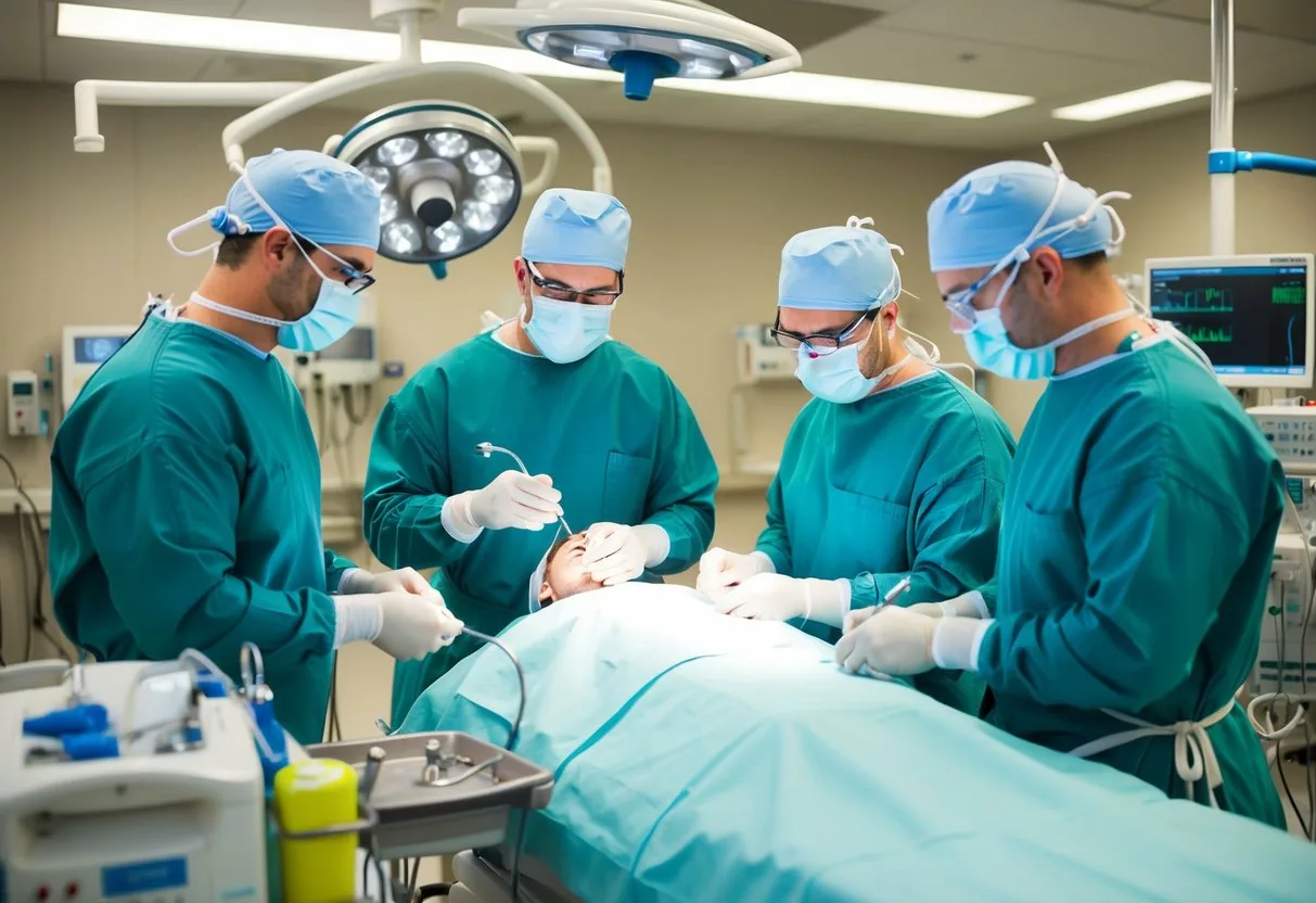 A hospital operating room with surgical tools and equipment, a surgical team performing a prostate removal procedure on a patient lying on a table