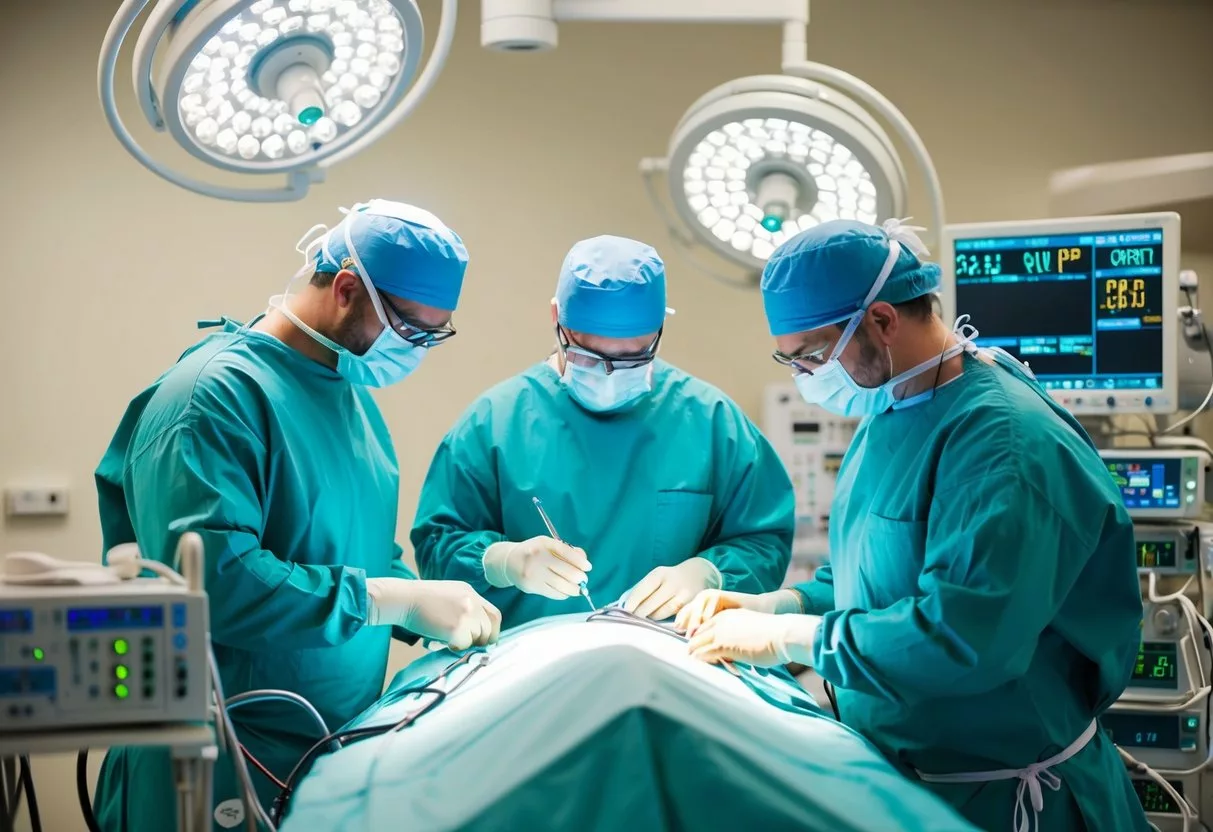 A surgical team performing a prostatectomy, with medical equipment and monitors surrounding the operating table