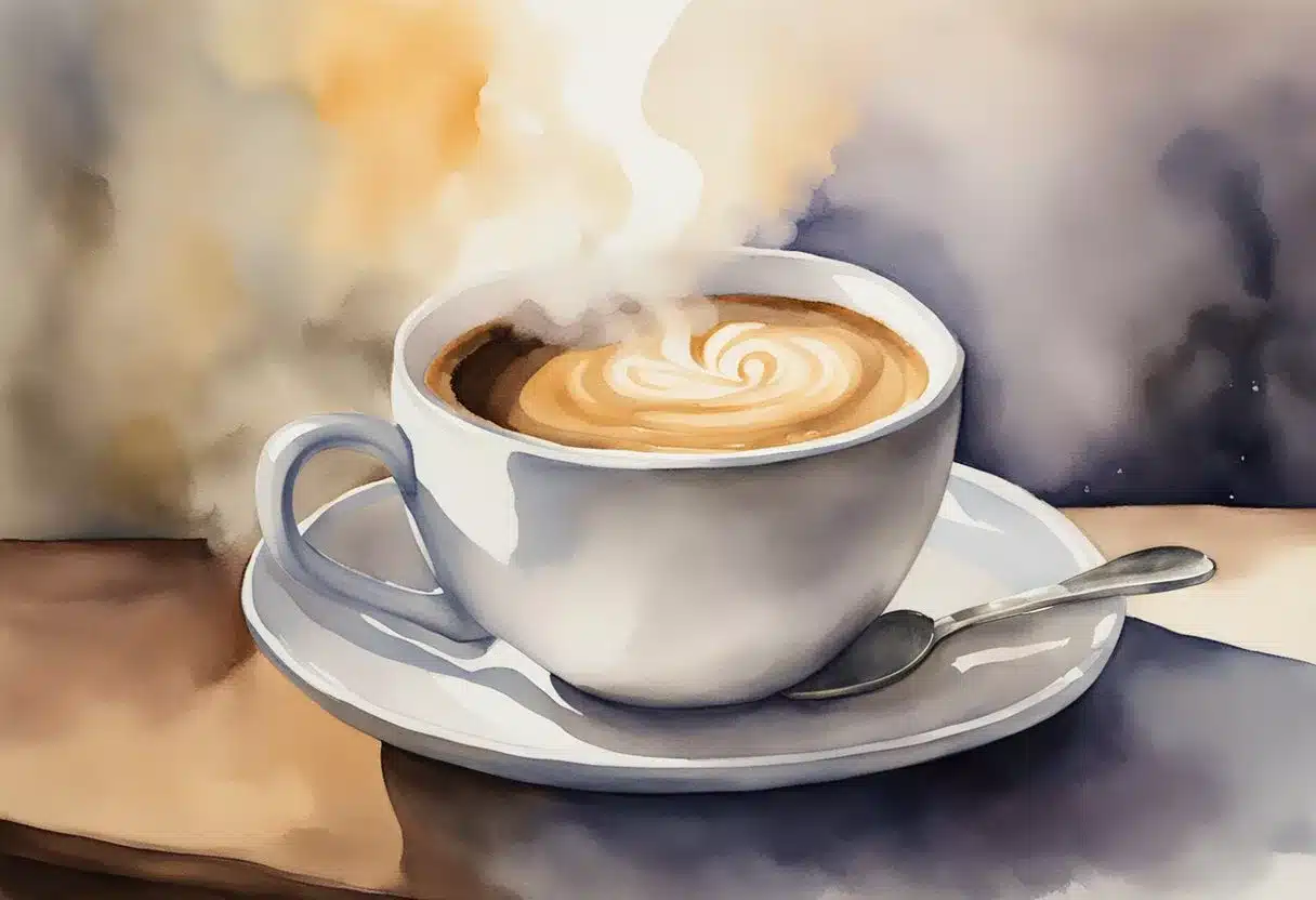 A steaming cup of coffee with Javaburn added sits on a table. The aroma wafts through the air as the steam rises, creating a cozy and inviting atmosphere