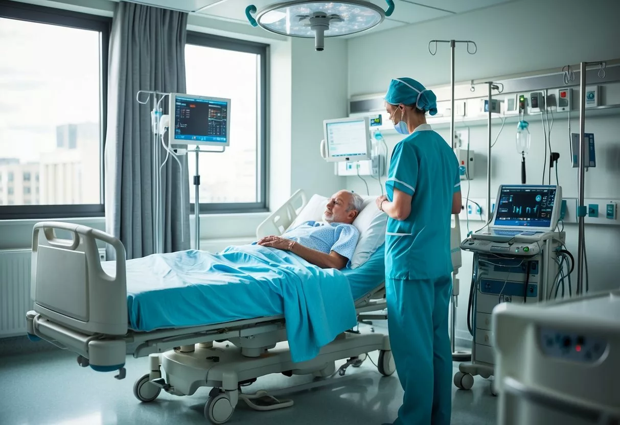 A hospital room with a patient in bed, surrounded by medical equipment and a nurse checking on their condition after prostate removal surgery