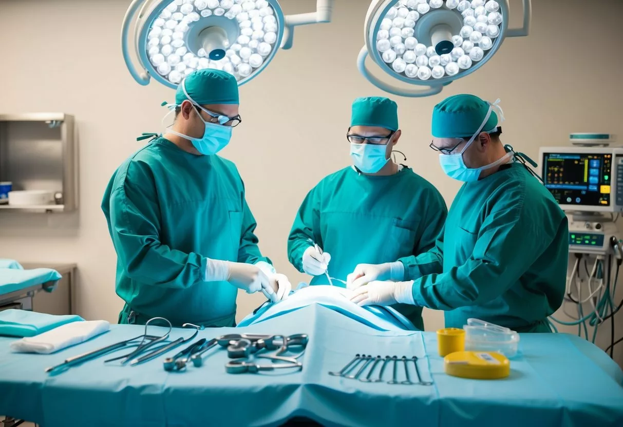 A surgical team performing a prostatectomy, with medical equipment and tools laid out on a sterile operating table. Surgeons wearing scrubs and masks