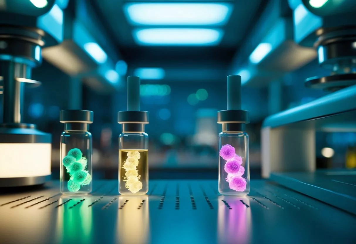 A futuristic laboratory with high-tech equipment and glowing vials containing genetically modified bacteria