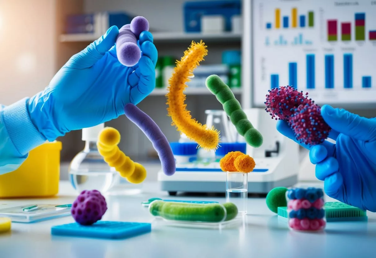 A group of diverse bacteria strains interacting in a laboratory setting, with scientific equipment and data charts in the background