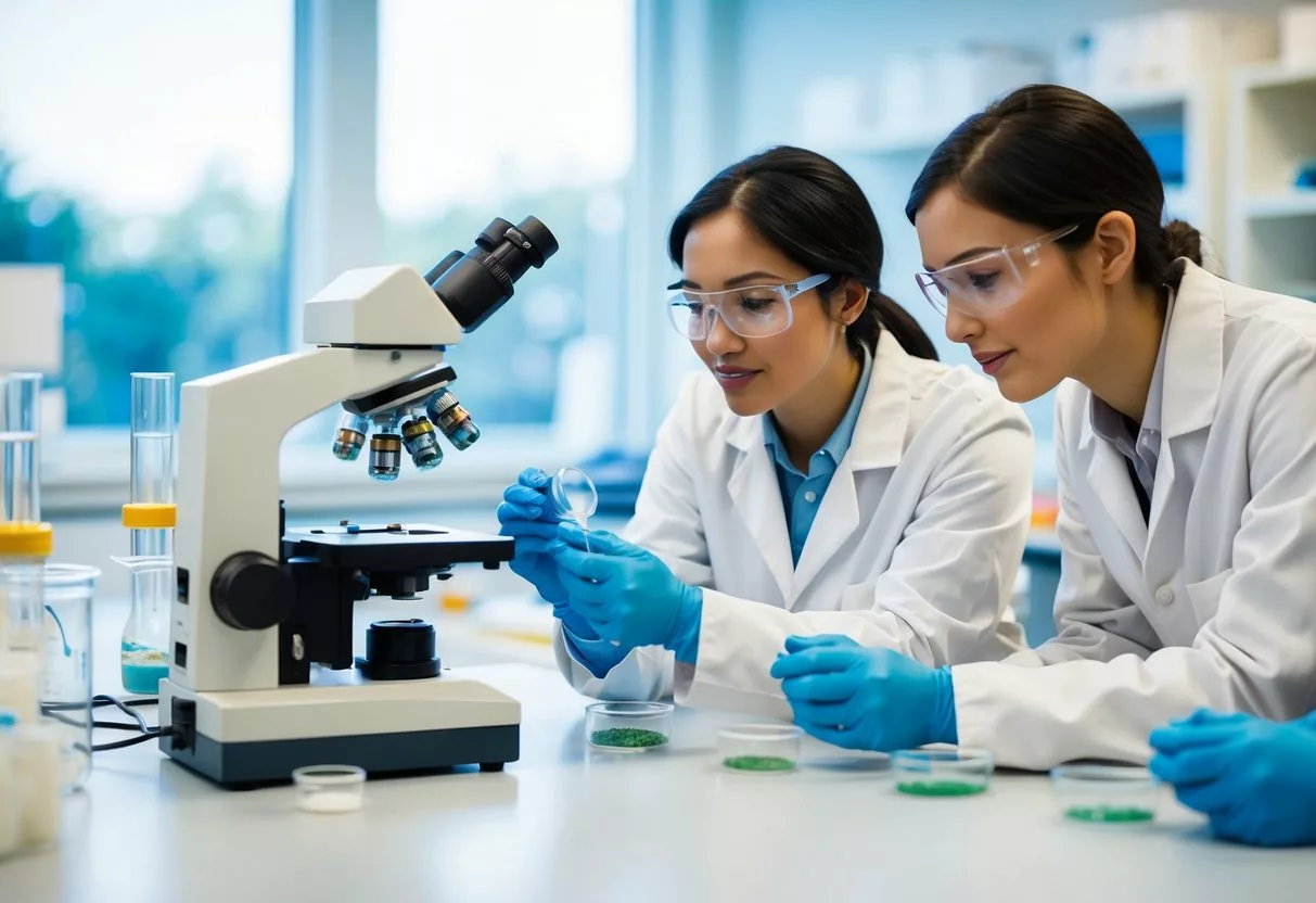 A laboratory setting with scientists examining microorganisms under a microscope, while others are conducting experiments with probiotic cultures in petri dishes