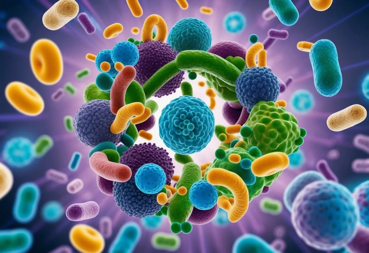 A group of diverse bacteria strains forming a vibrant and interconnected ecosystem, representing the concept of next generation probiotics